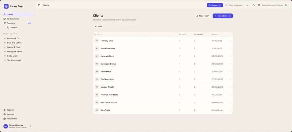 The Living Page dashboard listing ten client workspaces, each with its folder count, document count and the date it was last updated.
