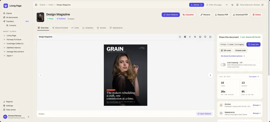 A single document open in the dashboard, showing a preview of the flipbook beside its share link, QR code and embed options, link tracking, and a summary of the last thirty days.