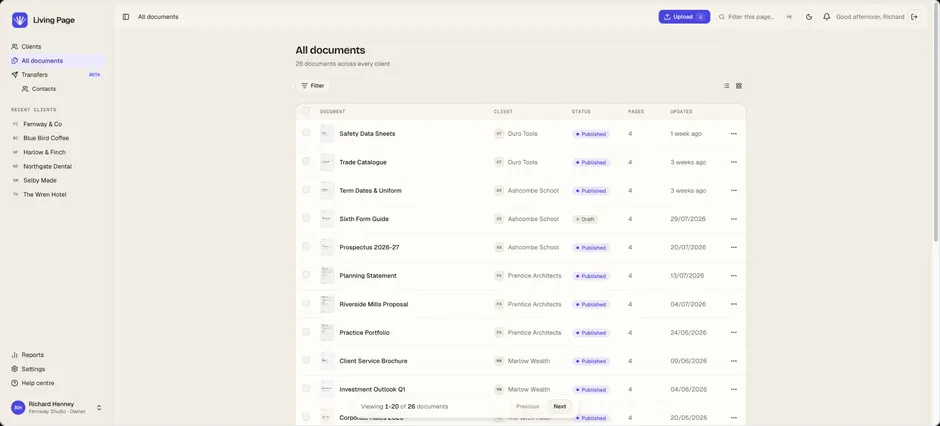 The all-documents view, listing every document in the workspace with its client, published or draft status, page count and last update.